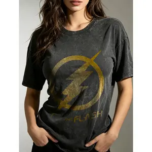 【Justice League】The Flash Vintage Washed T-Shirt Comics Lightning Logo Oversized Unisex Short Sleeve Tee Retro Distressed Black Casual Streetwear Top For Men Women