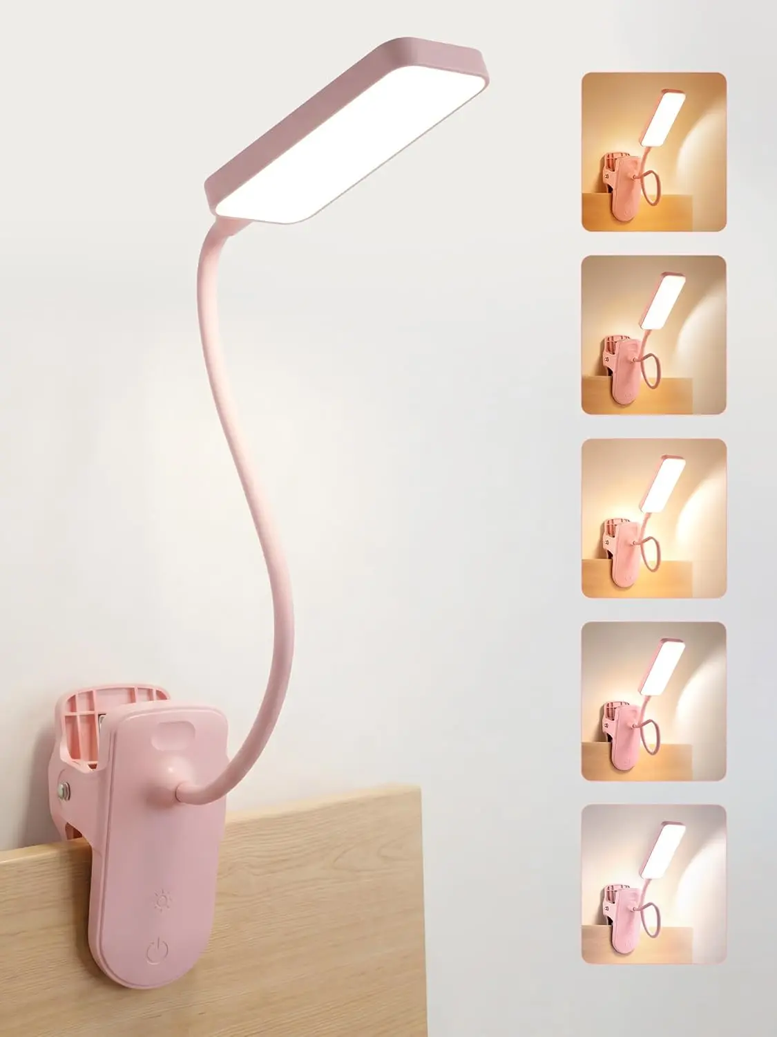 Pink Desk Lamp with Clamp Light,9 Brightness+5 Color Clip on Light,4000mAh Battery Rechargeable Desk Lamp Cute,48 LED Desk Light,Cordless Small Clip on Reading Light for Bed/Headboard/Bedside Table