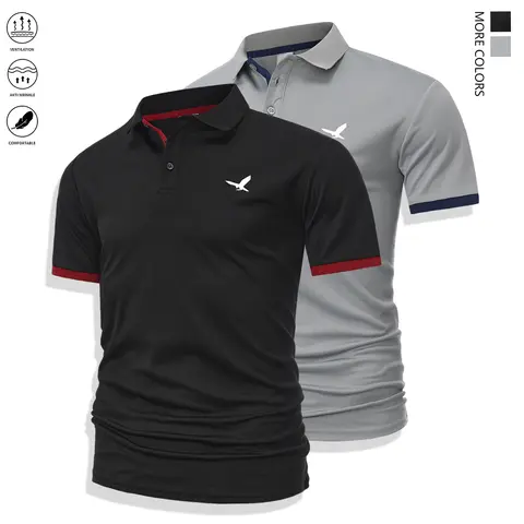 Men’s 2-Piece Fitted Athletic Polo Shirts Set - Polyester Fabric Athleisure Outfits, Casual Athletic Style, Work-Ready Look, Black + Gray, Short-Sleeve Multi-Size Tops for Work, Exercise