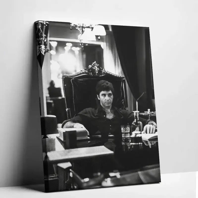 Scarface Tony Montana Movie Poster, Black-and-White Vintage Canvas Art Print for Modern Home Bedroom Decor, Solid Wood Frame, Waterproof Wall Art Picture, Man Cave Decor, Office Decor, Dorm Room Poster, Gaming Room Decor, Classic Film Wall Art
