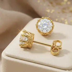 8mm Tiny Moissanite Stud Earrings for Women, 925 Sterling Silver Hypoallergenic, D Color VVS1 Crown Setting Simulated Diamond Earrings, Minimalist Jewelry Gift for Mom Wife Girlfriend (Gold & Silver Options)