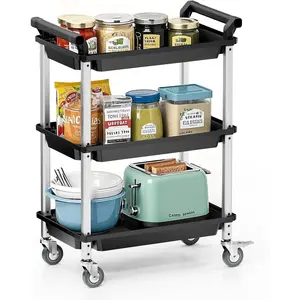 3 Tier Rolling Cart,Plastic Utility Cart with Handle,Rolling Carts with Wheels,Utility Cart with Lockable Casters, Multi-Functional Organizer Cart for Bedroom, Living Room, Kitchen,Office(Black)