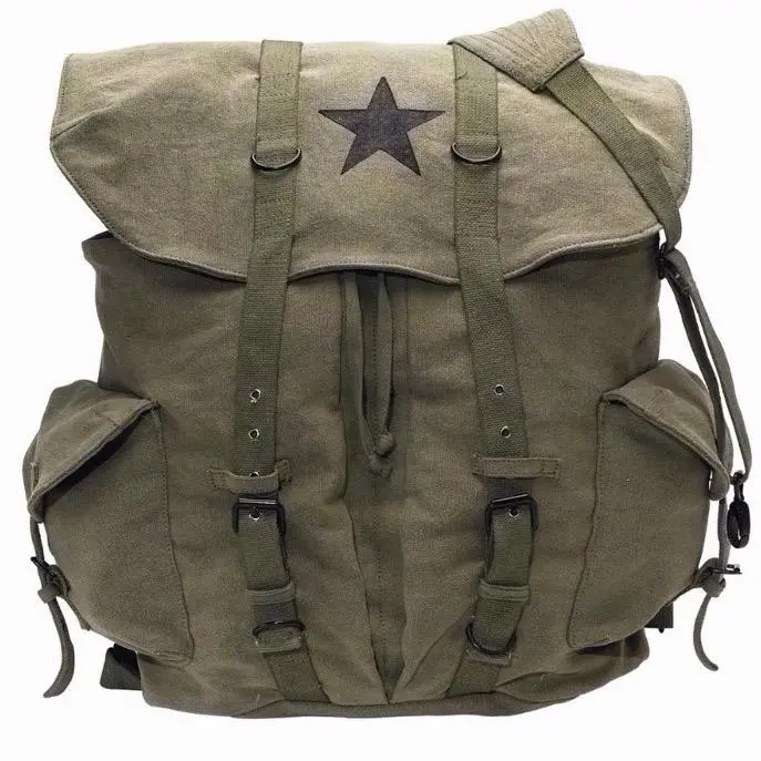 Rothco Vintage Weekender Canvas Backpack With Star 9158 - Washed Canvas Built-In Organizer Backpack, Featuring 2 Front Pockets & Side Flap Pockets With Metal Buckles, Built-In Organizer Backpacks