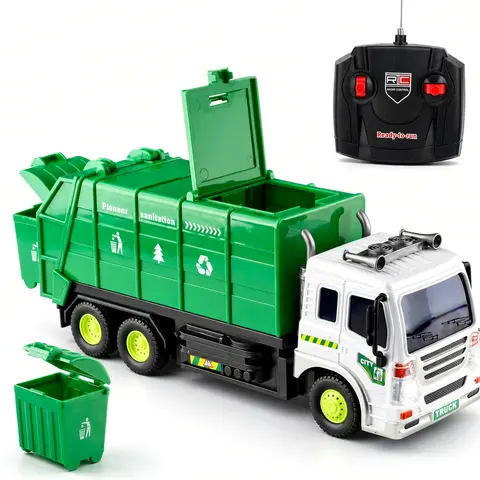 Remote Control Garbage Truck Toy with Trash Can, Full Function RC Recycling Sanitation Vehicle with Opening Roof Hatches & Tailgate for Indoor Floor Play
