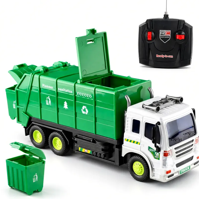 Remote Control Garbage Truck Toy with Trash Can, Full Function RC Recycling Sanitation Vehicle with Opening Roof Hatches & Tailgate for Indoor Floor Play