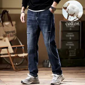 Men's 100% Cotton Fleece Lined Jeans | Warm Straight Leg Denim Pants, Unique Stitching & Scratch Detail, Y2K Streetwear for Winter Daily & Work