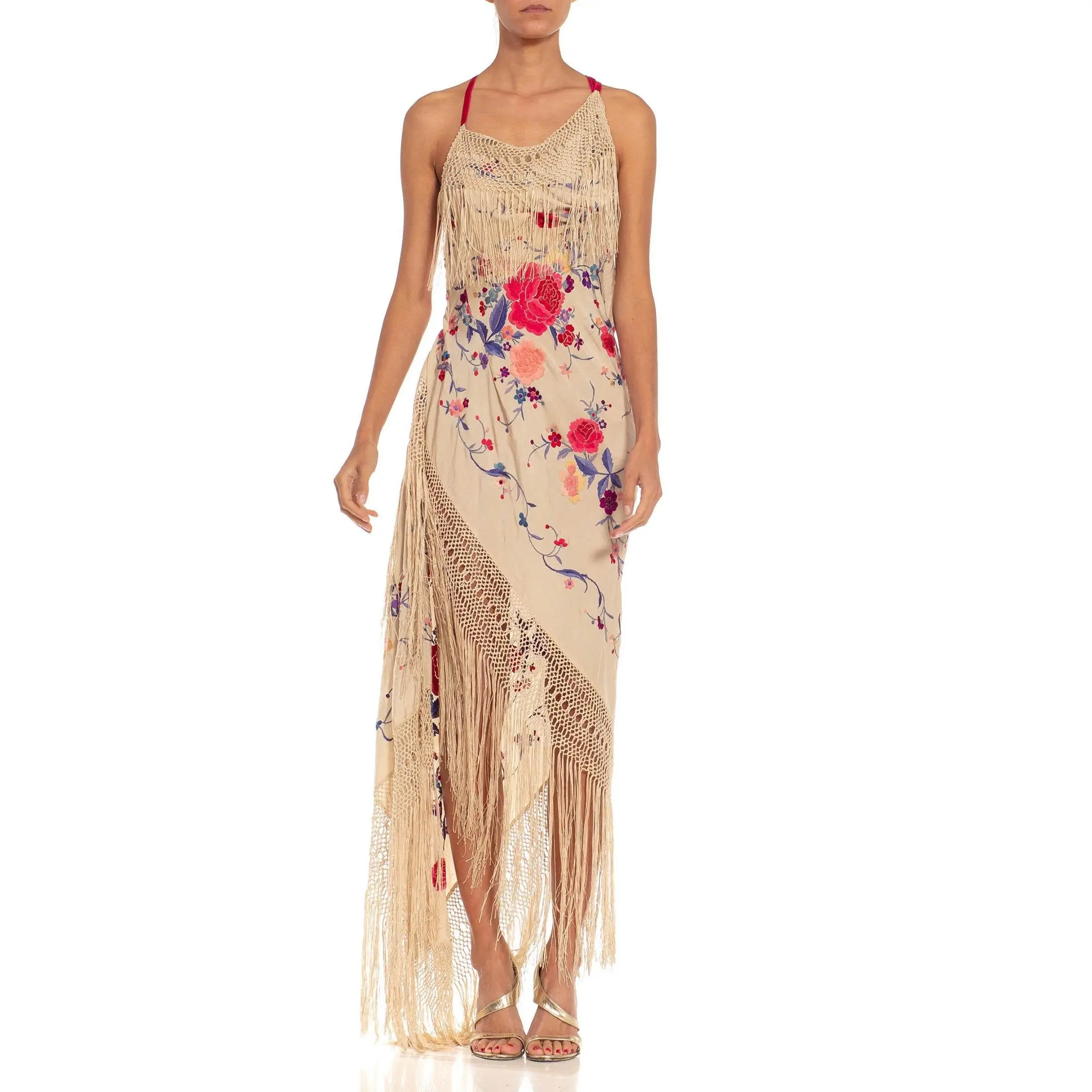 MORPHEW ATELIER Beige Bias Cut Fringed Dress Made From 1920S Hand-Embroidered Silk