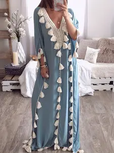 Women's Middle Eastern Casual Robe, V-Neck Sheer Batwing Top with Fringe Detailing, Ideal for Vacation & Daily Wear, Beach Dress Style, Womenswear Piece