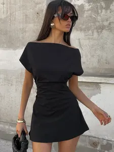 Elegant One Shoulder Short Sleeve Dress, A-Line Waist-Cinch Design, Solid Color Casual Summer, Women's Fashion Clothing