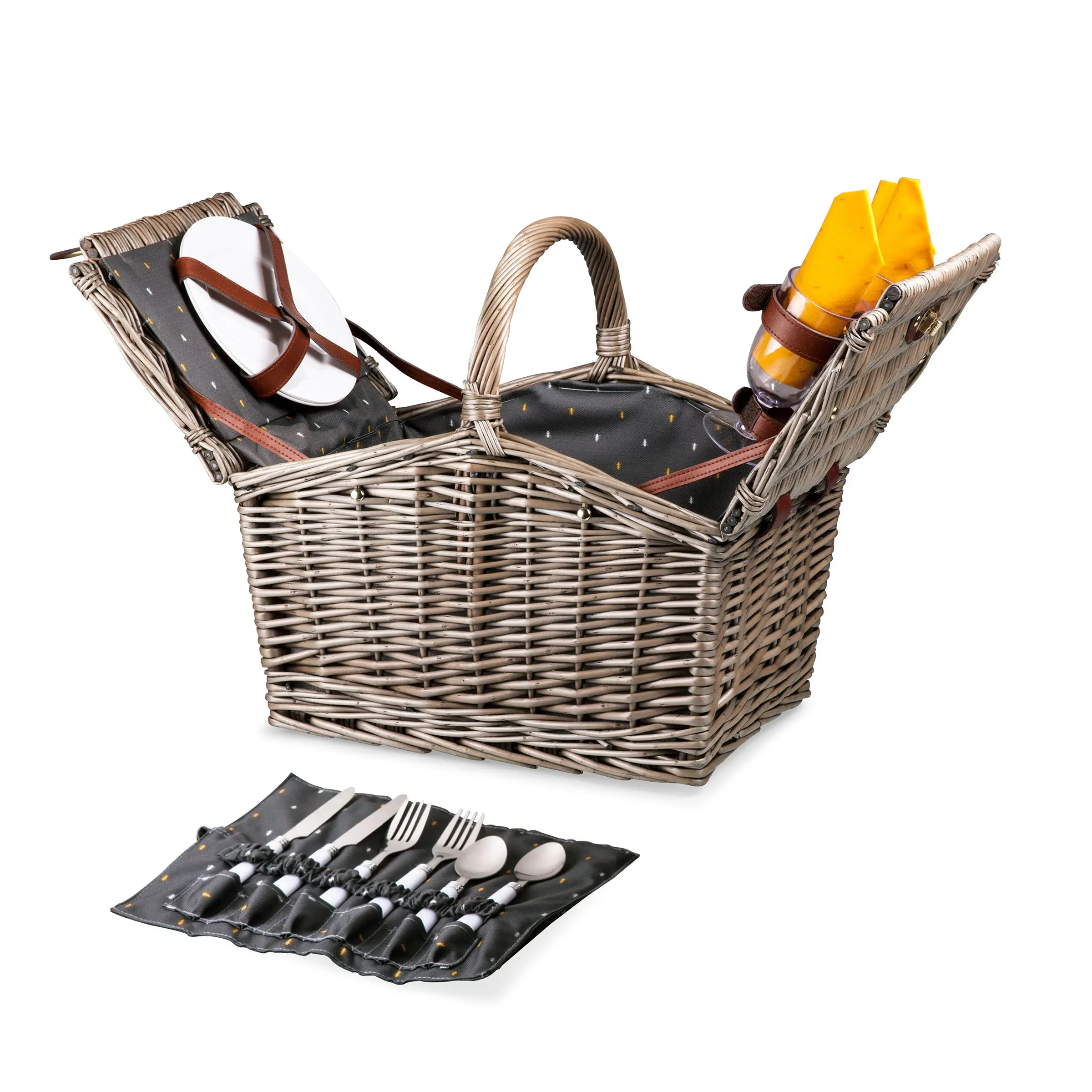 Piccadilly Wicker Picnic Basket - Anthology Collection Gray with Gold Accents, Picnic Set for Outdoor Camping Hiking, Wicker Picnic Baskets & Hampers