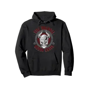 Men s Viking Skull Hoodie Till Valhall Never Kneel Norse Mythology Sweatshirt Black with Red Viking Horns All Season Casual Viking Apparel for Norse Festival Outfits Casual Attire Viking Costume Durable Fabric