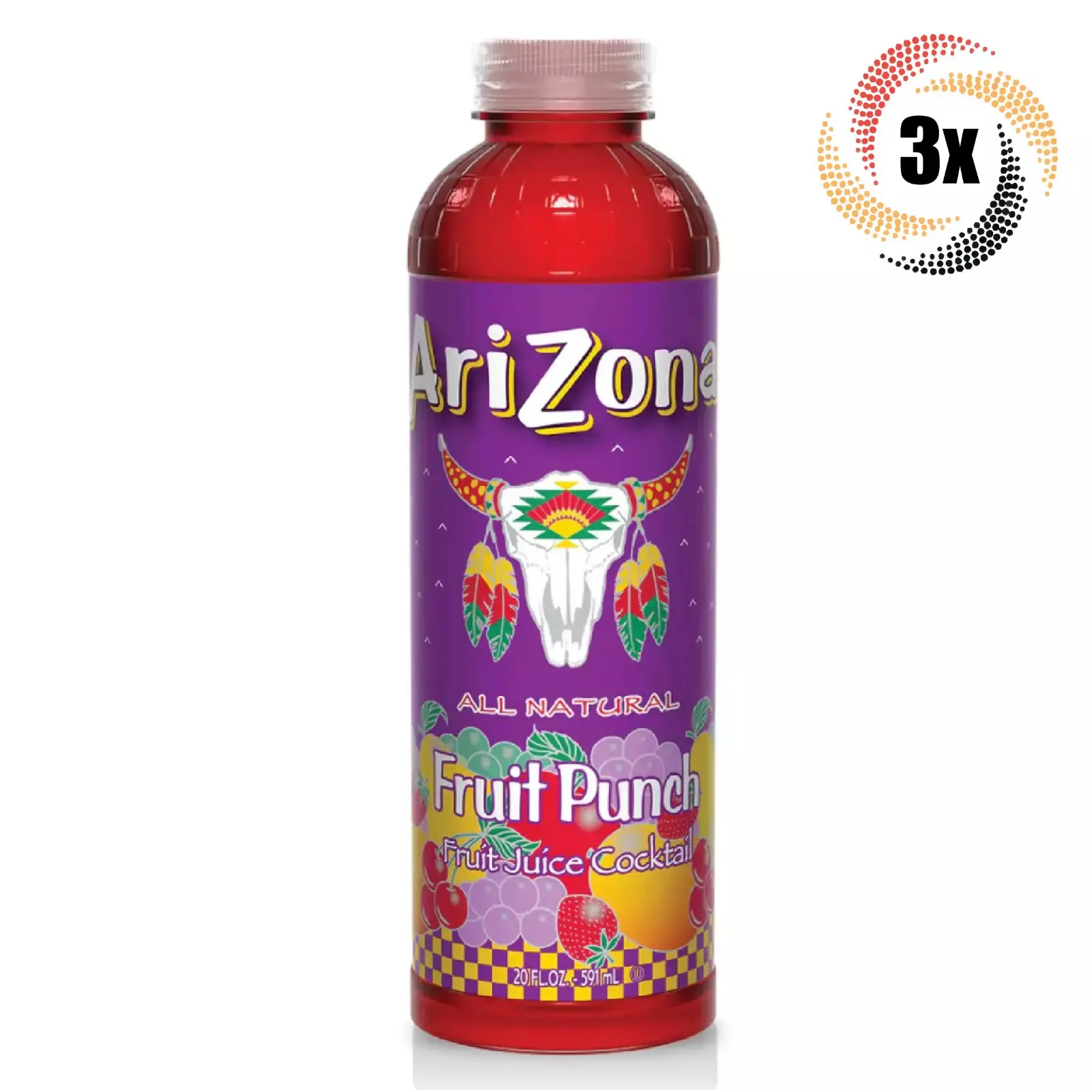 3x Bottles Arizona All Natural Fruit Punch Original Blend Juice Vitamin C | 20oz