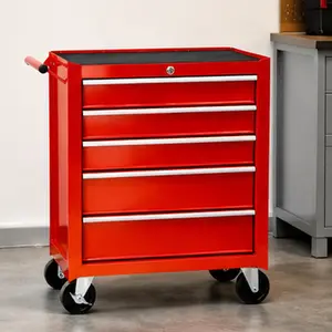 5-Drawer Rolling Tool Chest with Lock and Key, Red Steel Tool Storage Cabinet on Wheels with Top Cushion and Drawer Liners, Mobile Tool Organizer Box for Garage, Warehouse, and Repair Shop, Bedroom Storage Organizer for Clothes, Linens