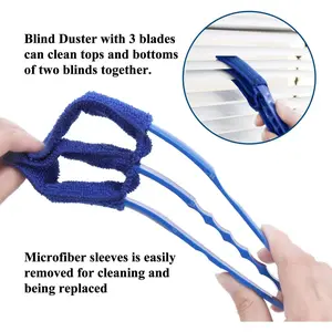 Window Blind Cleaner Duster Brush with 5 Microfiber Sleeves - Blind Cleaner Tools for Window Shutters Blind Air Conditioner Jalousie Dust Cleaning Blue