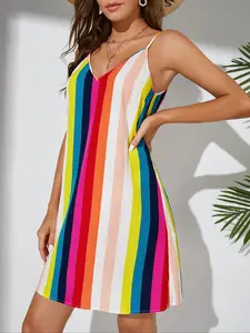 Women's Rainbow Stripe Print Cami Woven Fitted Dress, Boho Fashion Casual Spaghetti Strap Sleeveless Dress for Beach Holiday Vacation, Ladies Dress for Summer