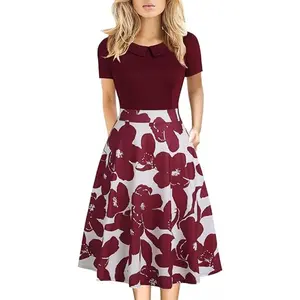 Women's Elegant Vintage Cotton Casual Floral Print Work Party Peter Pan Collar A-Line Dress with Pockets