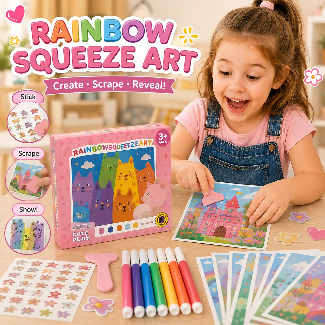 BLUE POTATO Rainbow Squeeze Art Kit - 2026 Upgraded Magic Scratch Paper Set, DIY Squeegee Painting Postcards, Scratch Art Party Favors, Kids' Birthday Gifts
