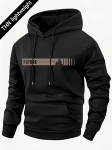 Men's spring and autumn thin long-sleeve pocket personalized letter coconut tree pattern print hooded sweater fashion casual sports street trendy brand outdoor men's headwear, suitable as a gift for husband or boyfriend