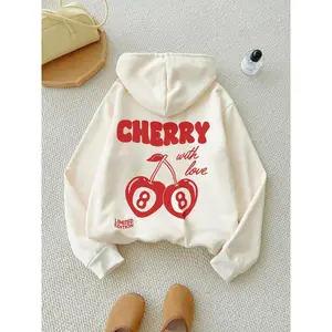 Women's Cherry & Letter Print Drop Shoulder Hoodie, Fashion Casual Drawstring Pocket Hooded Sweatshirt for Daily Holiday Outdoor Wear, Women Clothing for Fall & Winter, Graphic Print Hoodie Pullover
