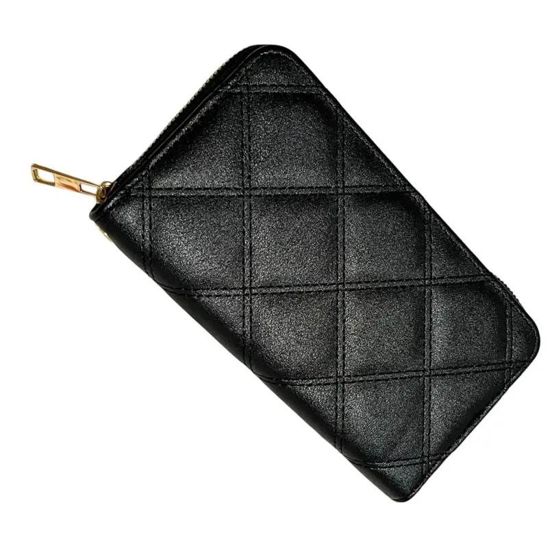 Full Size Wallet with Card Slot Middle Zip Pocket Large Diamond Quilted Design and Wrist Strap