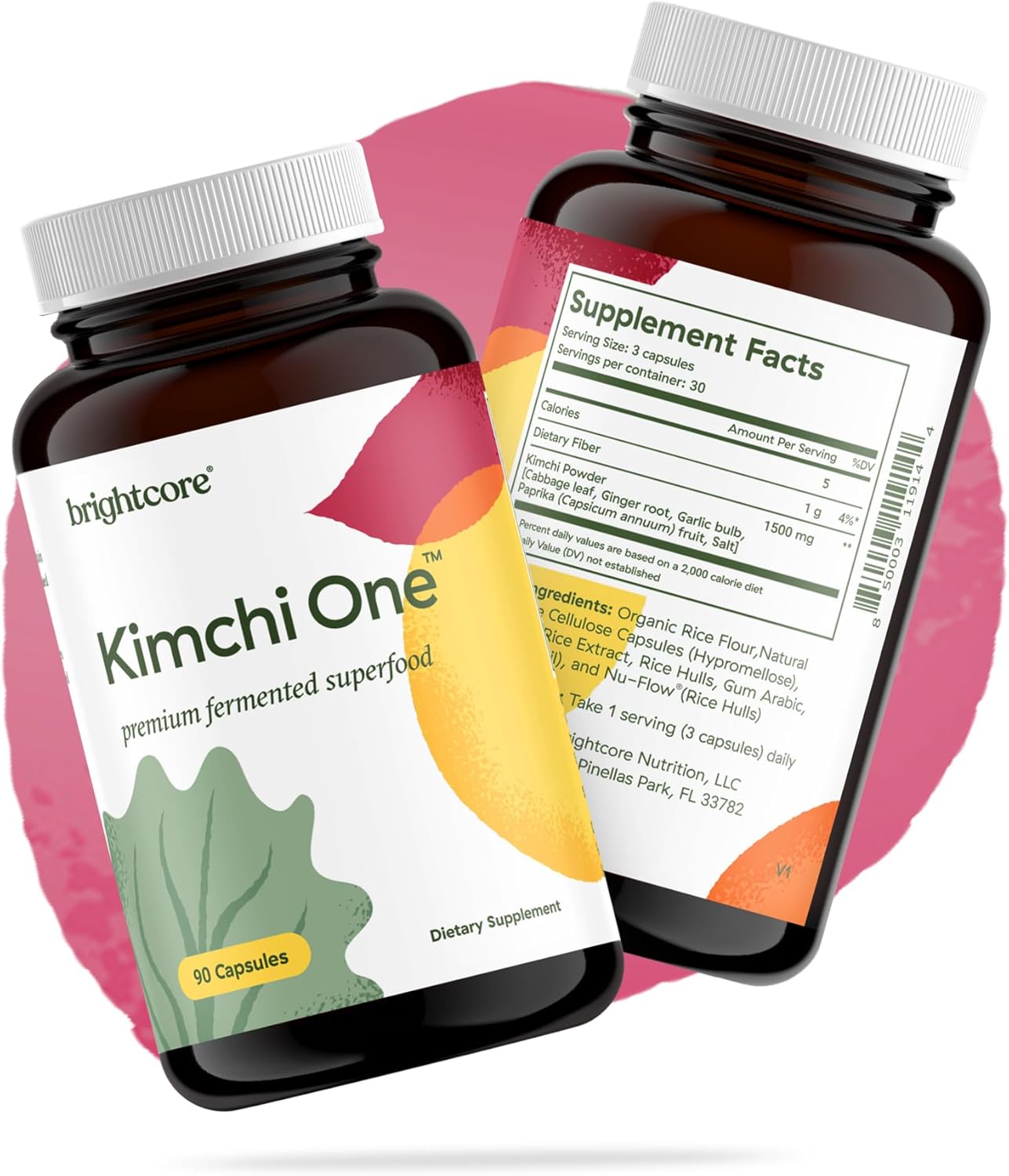 Brightcore Nutrition - Kimchi One, Kimchi Powder Capsules, Probiotics, Enzymes, & Antioxidant Supplement, Premium Gut Health Superfood for Overall Well Being, Gluten-Free, 90 Vegan Capsules