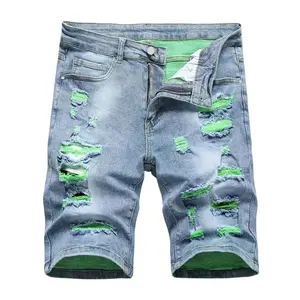 Men’s trendy, edgy color-block denim shorts—street style, distressed vintage look, mid-thigh length Bold Casual Outings