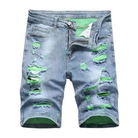 Men’s trendy, edgy color-block denim shorts—street style, distressed vintage look, mid-thigh length Bold Casual Outings