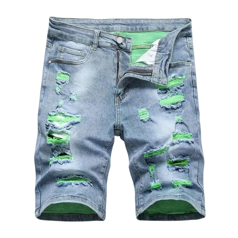 Men’s trendy, edgy color-block denim shorts—street style, distressed vintage look, mid-thigh length Bold Casual Outings