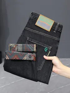 Men's Denim Jeans Slim Fit Elasticity Trendy Roll-Up Print Design, Casual Commuter Long Pants for Daily Wear