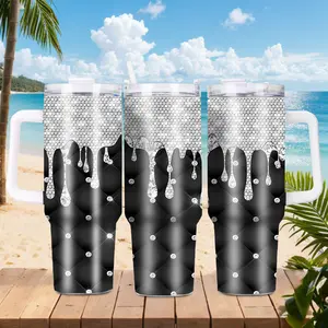 Juliu Glam Diamond Drip 40OZ Insulated Tumbler with Handle Luxurious Sparkly Design 304 Stainless Steel Long Lasting Insulation Leak Proof Lid Colorful Drinkware Portable Stylish Tea Flask