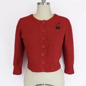 Cherry Embroidered Cardigan - Knitwear for Women, Button Front Design, Long Sleeves, Button Placket, Comfortable Fit - Womenswear
