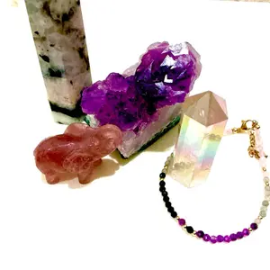 The “get him back mini” embracing all of cancer season, including rainbow, moonstone, amethyst, rose, quartz, strawberry quartz, and one bracelet. Harnessing celestial powers, crystals to bring love back.