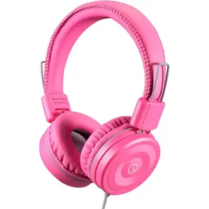 Headphones K22 Foldable Stereo -Free 5ft Long Cord 3.5mm Jack Plugin Wired -Ear Headset for iPad/ Kindle Fire/Girls/School/Laptop/Travel/Plane/Tablet FlamingoPink