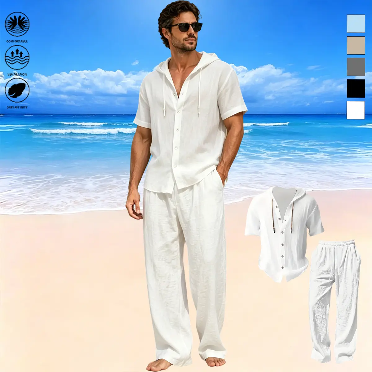 Men’s summer linen set, hooded Henley shirt + long pants two-piece set, solid color fashion trend for spring/summer, blended linen fabric, quick-drying, sweat-wicking, breathable, suitable for everyday commuting and beach outings.