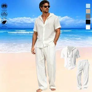 Men’s summer linen set, hooded Henley shirt + long pants two-piece set, solid color fashion trend for spring/summer, blended linen fabric, quick-drying, sweat-wicking, breathable, suitable for everyday commuting and beach outings.