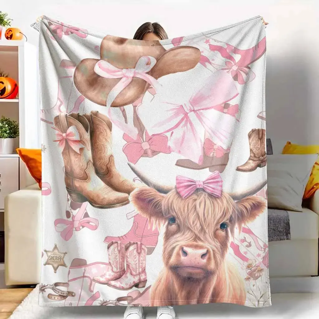 Cow Print Flannel Throw Blanket – Cowgirl Pink Bow, Western Boots & Hat Prints, Soft, Cozy, Lightweight, Warm, Wrinkle Resistant, Anti-Pilling, Western Home Decor, Camping Companion, Farmhouse Gift for Bedroom & Sofa, Cow Print Blankets