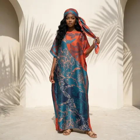 【Moomoo】Women's 2-Piece Vivid Floral Print Kaftan Dress Set - Moomoo for Women, Sun Protective Scarf, Relaxed-Fit Silky Full-Length Robe, Lightweight Polyester Bathing Suit Cover Up, Casual Breathable Woven Outfit for Home, Holiday 005