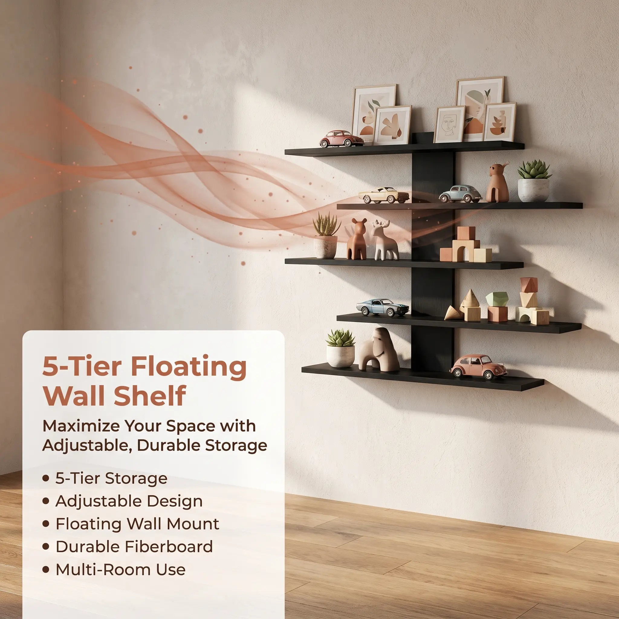 5-Tier Adjustable Wall Mount Floating Shelves, Modern Fiberboard Display Storage Rack, Wall Decor Shelving for Books, Collectibles, Albums, Home Office