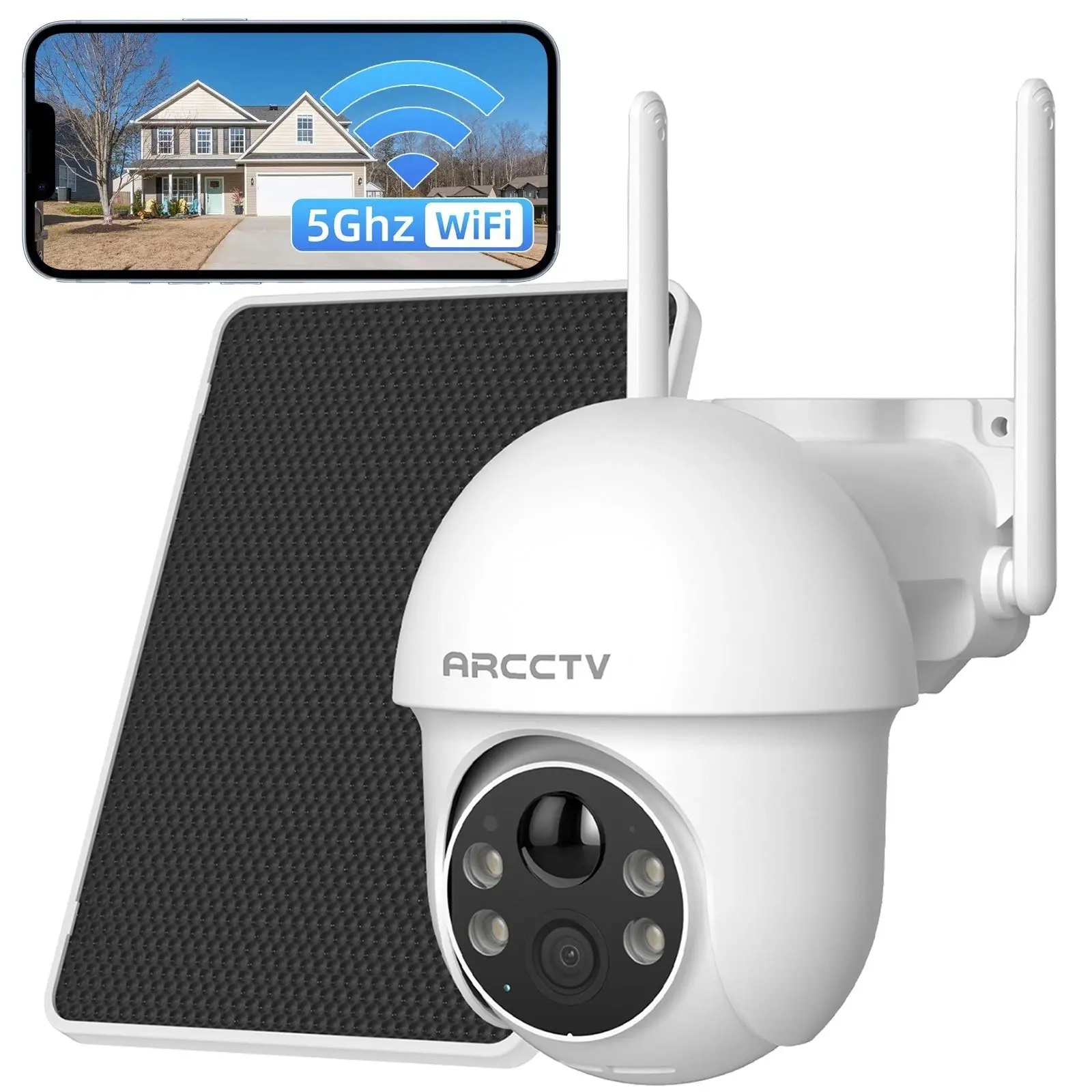 ARCCTV APP Security Camera Wireless Outdoor,2K Solar Camera with 360° View,2.4G&5G WiFi,Smart Siren,Color Night Vision,PIR Human Detection,2-Way Talk