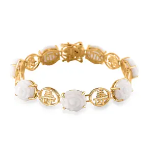 Natural Jade Carved 34.65 ctw Floral Bracelet in 18K Vermeil Yellow Gold Over Sterling Silver 7.50 In Christmas Gifts