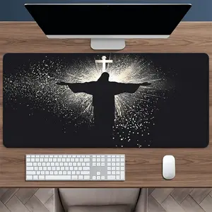 XXL Jesus and Cross Glowing Design Gaming Mouse Pad- Non-slip Rubber Base, Durable Stitched Edges, Smooth Surface Desk Mat 89.92x39.88 cm- Ideal for Home Office and Gamers, Perfect Gift for Believers, Desktop Mouse Pad