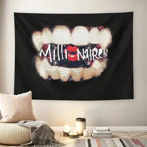 Millionaires Grillz Teeth Y2K 2000s Wall Flag, Red Lips Glitter Typography Tapestry, Mid-century Modern Black Flash Manga Style Room Decor for Adult Fans, Rich Hip Hop Aesthetic Wall Hanging