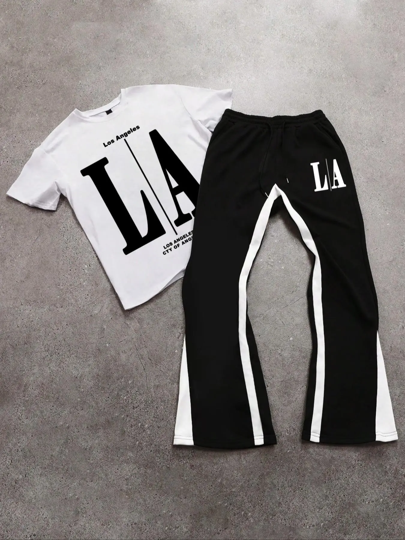 Men's letter print T-shirt and trousers two-piece set, featuring a round-neck short-sleeved T-shirt paired with trousers.  This casual, stylish, comfortable, and breathable set is suitable for all seasons.