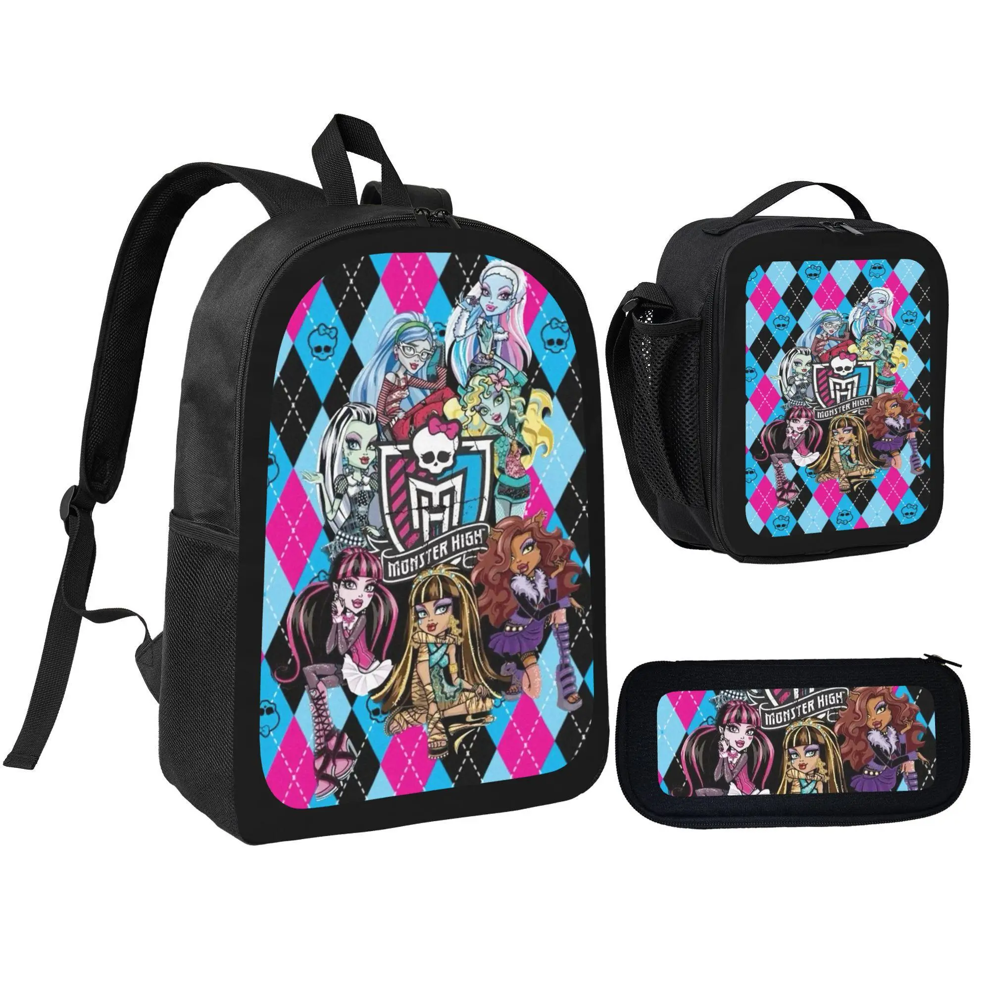 Unisex Monster High Graphic Print 3-in-1 School Backpack Set, Casual Compact Wear-Resistant Polyester Bookbag with Insulated Lunch Bag & Pencil Pouch, Portable Collectible Fan Gift