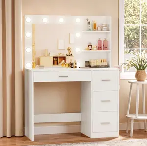 FURMAX Makeup Vanity With Lights,Vanity Desk With Mirror And Power Outlet,Dresser Table With Drawers And Open Shelves