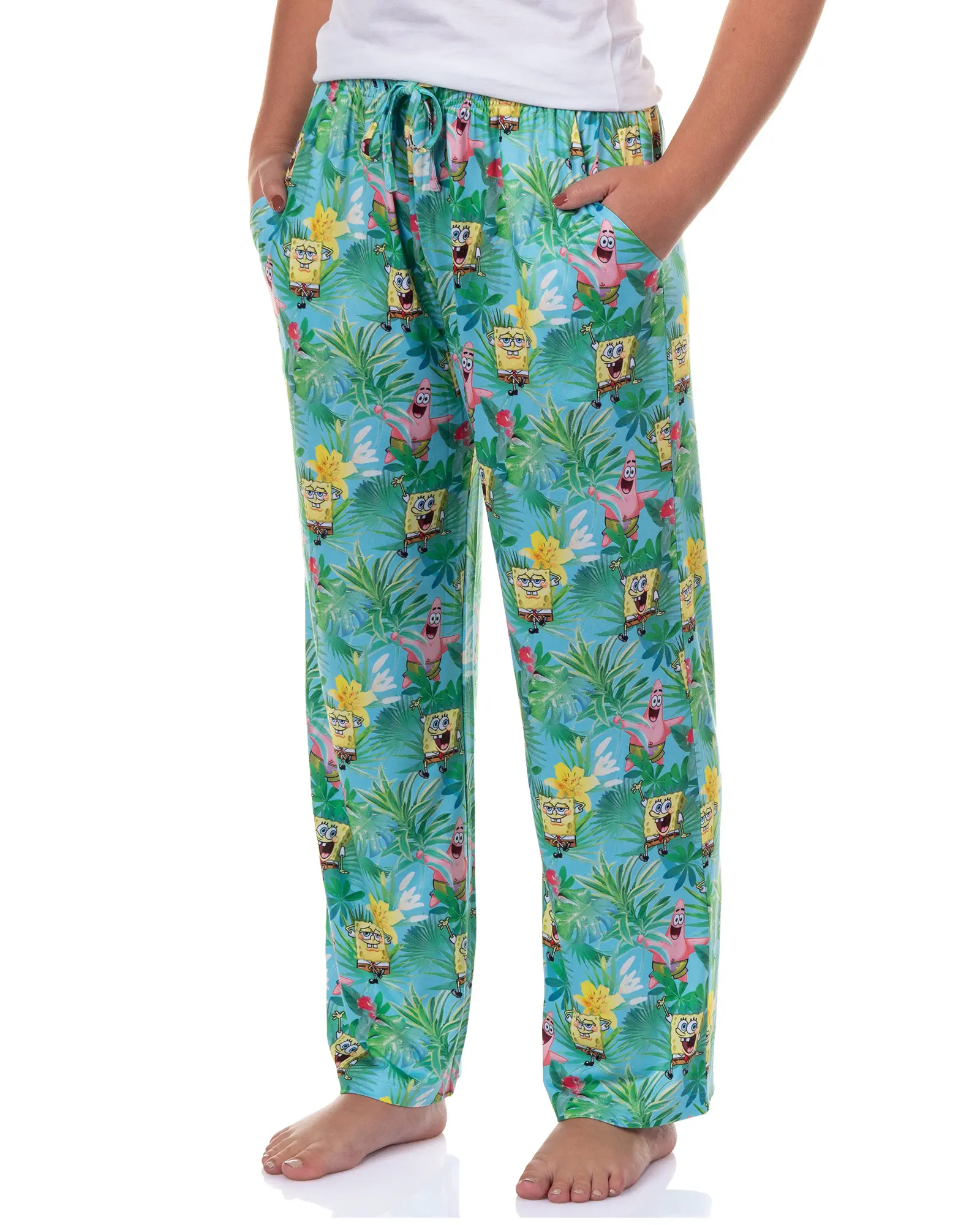 PJammy Women's SpongeBob SquarePants Pajama Pants Lounge Sleep Pants - Tropical Print Bob & Patrick, Soft Stretch Polyester-Spandex, Elastic Drawstring Waistband, Side Pockets, Casual Loungewear Nightwear