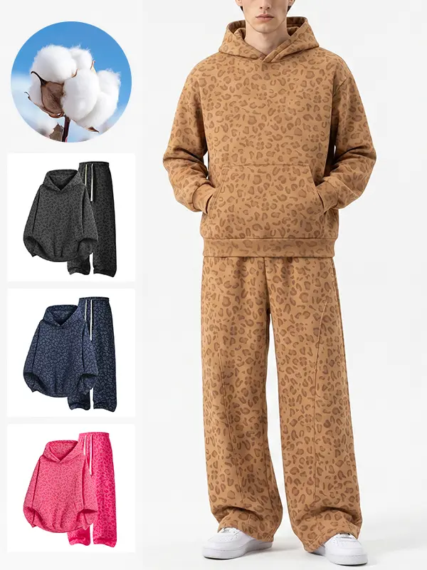Unisex all-over leopard print hooded sweatshirt set with relaxed drop-shoulder hoodie and wide-leg sweatpants, street-style casual athletic tracksuit for boys