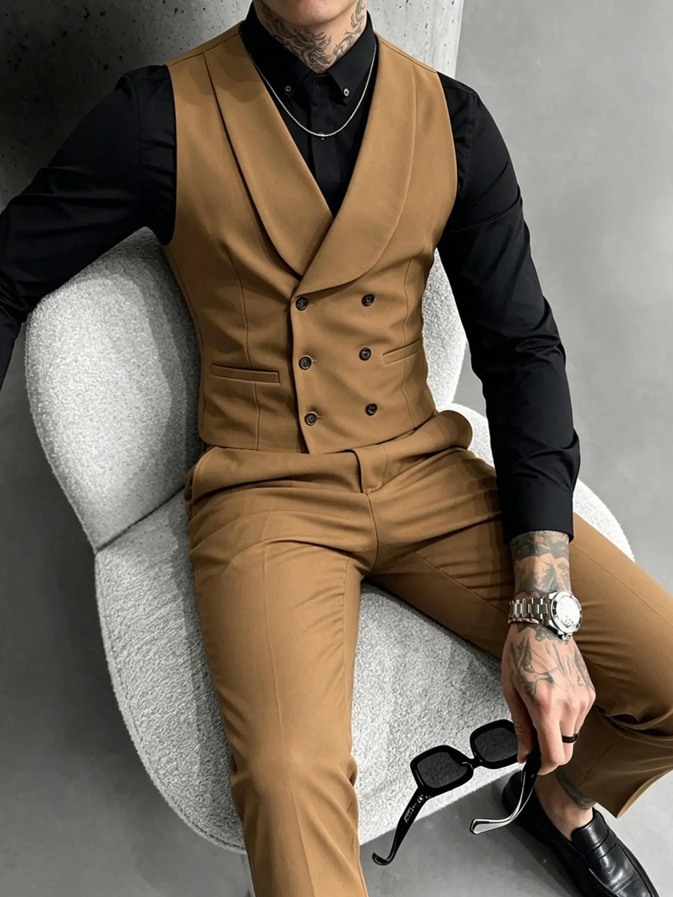 Men's Fashion Casual Minimalist Slim-Fit Blazer Set, Young Stylish Suit Vest and Pants, All-Season Wear, Plain Pattern, Trendy, Blazers Suit Sets