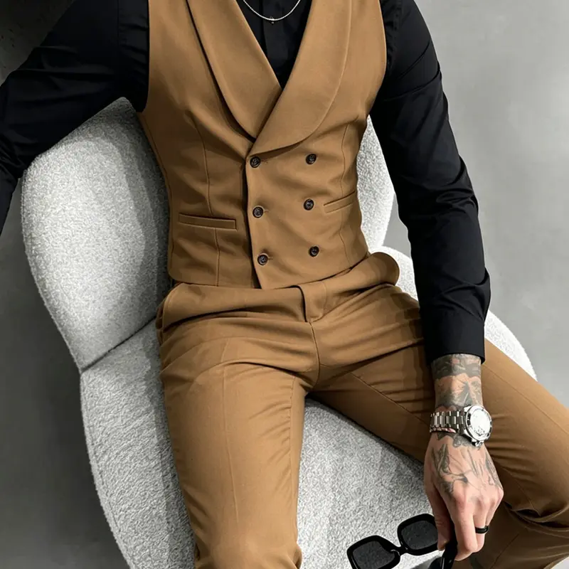 Men's Fashion Casual Minimalist Slim-Fit Blazer Set, Young Stylish Suit Vest and Pants, All-Season Wear, Plain Pattern, Trendy, Suit Set Clothes