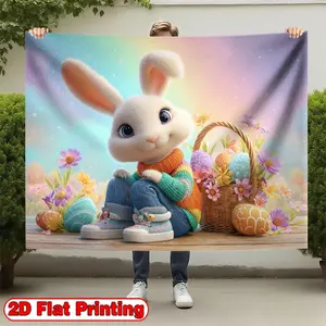 2D Flat Banners 1pc Easter Bunny Basket Flowers Theme design Polyester party bannersfor parties, events and home decor, perfect for living rooms